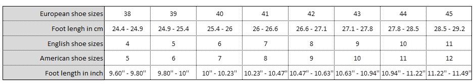 english shoe sizes